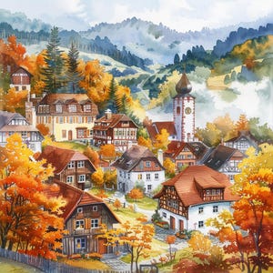 May include: A watercolour painting depicting a picturesque European village in autumn. The image shows houses with red-tiled roofs, a church with a clock tower, and colourful autumn leaves in orange and yellow. Mountains are in the background.
