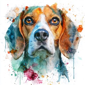 May include: A watercolour painting of a Beagle dog's face. The dog has brown, white, and black fur, with large, expressive brown eyes. The artwork features colourful watercolour splashes in shades of blue, orange, and pink.