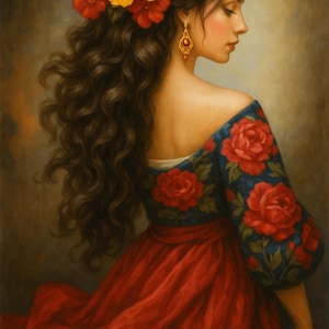 Può includere: Ritratto di una persona di profilo, ornata di fiori tra i capelli scuri e che indossa un abito floreale rosso e blu. L'abito presenta grandi rose rosse su sfondo blu scuro, con una gonna rossa fluida.