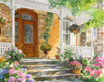 Cottage Garden Porch Cross Stitch Pattern - Floral House Embroidery PDF, Summer Country Home Needlepoint, Instant Download
