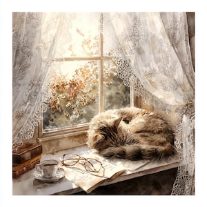 Pode incluir: Pintura em aquarela de uma cena aconchegante. Um gato malhado enrolado dorme em uma janela ao lado de um livro aberto, óculos e uma xícara de café. A luz do sol entra pelas cortinas de renda e por uma janela com vista para a folhagem de outono.
