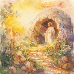 Resurrection of Christ Cross Stitch Pattern PDF, Jesus and Angels at the Tomb, Watercolor Easter Religious Embroidery, Christian Wall Art