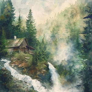 Könnte beinhalten: Aquarellmalerei eines rustikalen Holzhauses inmitten grüner Bäume und eines Wasserfalls. Das Haus hat eine Holzfassade und eine kleine Veranda. Der umliegende Wald ist dicht, mit hohen Nadelbäumen und einer nebligen Atmosphäre.