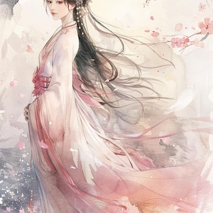 May include: Watercolor illustration of a woman in traditional Asian attire. The artwork features a flowing, light pink and white dress, long black hair, and floral accents. Cherry blossoms in shades of pink and red adorn the background.
