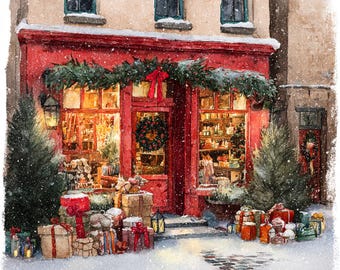 Vintage Christmas Storefront Cross Stitch Pattern | Holiday Shop Window Scene PDF | Snowy Winter Embroidery