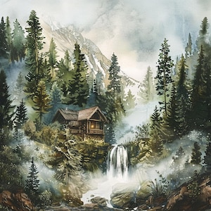 Könnte beinhalten: Aquarellmalerei eines Blockhauses in einem Wald mit einem Wasserfall. Die Hütte hat eine Holzfassade und ein beleuchtetes Fenster. Hohe immergrüne Bäume umgeben die Hütte, und ein Berg ist im Hintergrund zu sehen. Die Szene ist neblig und atmosphärisch.