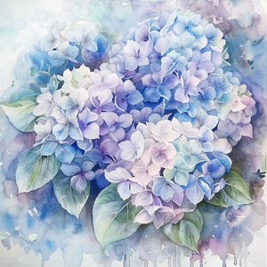 Könnte beinhalten: Aquarellmalerei eines Clusters von Hortensienblüten in Blau-, Lila- und Weißtönen. Das Kunstwerk zeigt detaillierte Blütenblätter und grüne Blätter vor einem weichen Aquarellhintergrund. Das Gesamtthema ist floral und botanisch.