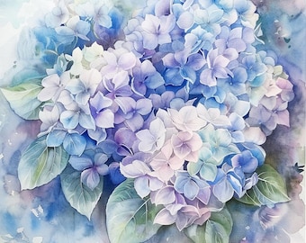 May include: A watercolour painting of a cluster of hydrangea flowers in shades of blue, purple, and white. The artwork features detailed petals and green leaves against a soft, watercolour background. The overall theme is floral and botanical.