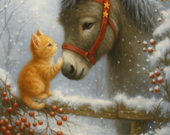 Winter Donkey & Kitten Cross Stitch Pattern | Cute Animal Snow Scene | Christmas Embroidery Design | Instant PDF Download