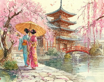Geisha Cross Stitch Pattern PDF | Japanese Garden Embroidery | Cherry Blossom Needlepoint | Oriental Art | Instant Download