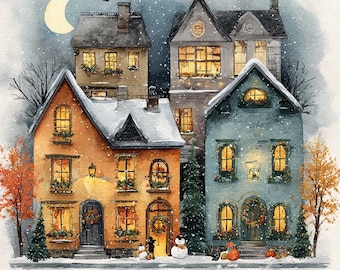 Christmas Street Cross Stitch Pattern, Cozy Winter Village Embroidery PDF, Holiday House Scene, Modern Xmas Needlepoint