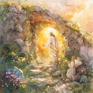 Resurrection of Christ Cross Stitch Pattern PDF, Jesus and Angels at the Tomb, Watercolor Easter Religious Embroidery, Christian Wall Art