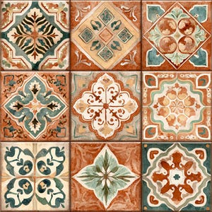 Op de afbeelding: Negen vierkante tegels met ingewikkelde, kleurrijke patronen. Elke tegel heeft een uniek ontwerp in tinten teal, oranje, crème en bruin. De patronen omvatten bloemen- en geometrische motieven.