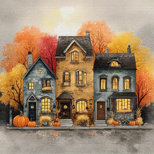 Puede incluir: Pintura a la acuarela de tres casas en otoño. Las casas son en tonos de azul, amarillo y beige, con calabazas naranjas y follaje otoñal. Las ventanas brillan con luz cálida, sugiriendo un interior acogedor.