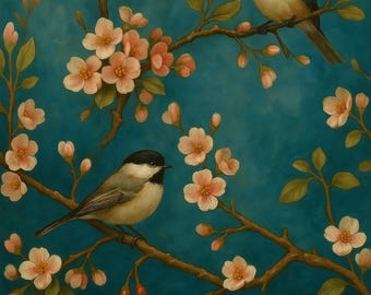 Cross Stitch Pattern - Chickadee Birds on Blossom Branches | Spring Embroidery PDF