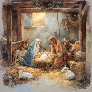 Può includere: Dipinto ad acquerello raffigurante la scena della Natività. Maria e Giuseppe sono inginocchiati vicino al bambino Gesù in una mangiatoia. Due agnelli sono in primo piano, con asini e altri animali sullo sfondo. La scena è ambientata in una stalla rustica.