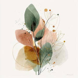 Könnte beinhalten: Abstrakter Aquarelldruck mit botanischem Design. Das Kunstwerk zeigt grüne, rostfarbene und goldene Blattformen mit zarten Strichzeichnungen von Blumen und Stängeln. Der Hintergrund ist ein weiches Off-White, mit subtilen Farbspritzern.