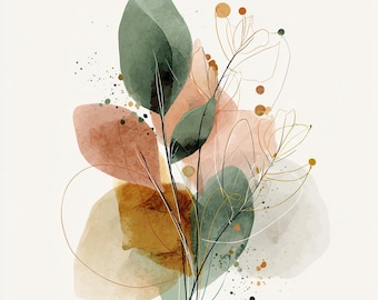 May include: Abstract botanical art print in watercolour style. The artwork features green, rust, and gold leaf shapes with delicate line drawings of flowers and stems. The background is a soft off-white colour, with subtle paint splatters.