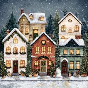 Puede incluir: Pintura a la acuarela de una escena de pueblo nevado con varias casas. Las casas son de varios colores, incluyendo blanco, rojo y verde, con tejados cubiertos de nieve y ventanas iluminadas. También hay árboles de Navidad y un muñeco de nieve.