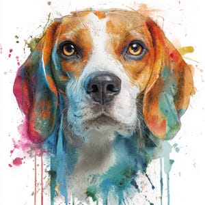 May include: A watercolour painting of a Beagle dog's face. The dog has brown and white fur and large, expressive eyes. The artwork features colourful paint splatters in shades of blue, pink, orange, and green, creating a vibrant and artistic effect.