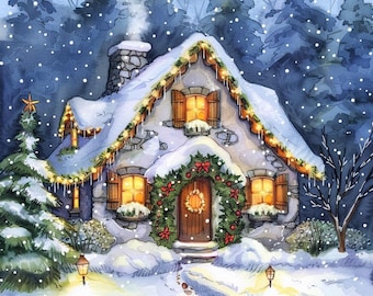 Christmas Cottage Cross Stitch Pattern, Winter Village House, Cozy Holiday Scene, Watercolor Style Embroidery PDF