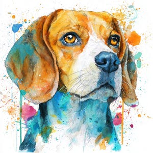 May include: A watercolour painting of a Beagle dog's head, with brown, white, and blue tones. The dog has large, expressive eyes and a detailed nose. Splashes of orange, blue, and pink watercolour add a vibrant, artistic touch to the portrait.