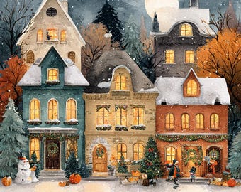 Christmas Street Cross Stitch Pattern, Cozy Winter Village Embroidery PDF, Holiday House Scene, Modern Xmas Needlepoint