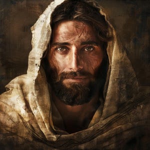 May include: A portrait of a man with long brown hair and a full beard, wearing a draped, hooded garment. The man's face shows visible scars and a serious expression. The image has a warm, earthy color palette.