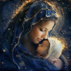 Puede incluir: Pintura digital de una mujer con velo azul adornado con estrellas doradas, sosteniendo a un bebé dormido envuelto en tela blanca. La imagen está iluminada con luz dorada, creando una atmósfera serena.