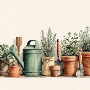 May include: Watercolor illustration of gardening tools and potted herbs. A green watering can, small terracotta pots, a trowel, and a wooden handled brush are arranged with various herbs in terracotta pots. The background is a neutral off-white.