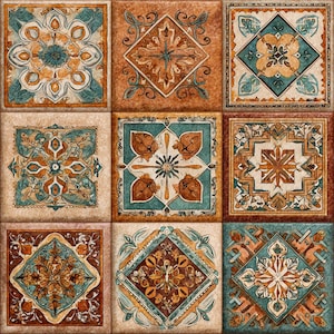 Puede incluir: Nueve baldosas cuadradas con intrincados patrones repetidos en tonos marrón, verde azulado y beige. Cada baldosa presenta un diseño simétrico único, creando una superficie decorativa. Los patrones incluyen motivos florales y geométricos.