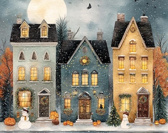 Christmas Street Cross Stitch Pattern, Cozy Winter Village Embroidery PDF, Holiday House Scene, Modern Xmas Needlepoint