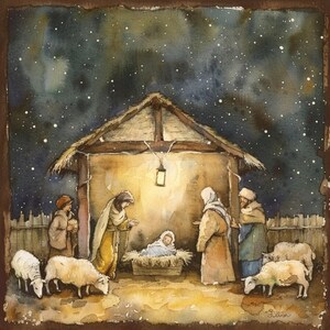 Könnte beinhalten: Aquarellmalerei, die die Weihnachtsgeschichte darstellt. Das Kunstwerk zeigt das Jesuskind in einer Krippe, umgeben von Maria, Josef, Hirten und Schafen. Der Hintergrund zeigt einen sternenklaren Nachthimmel und einen rustikalen Stall.