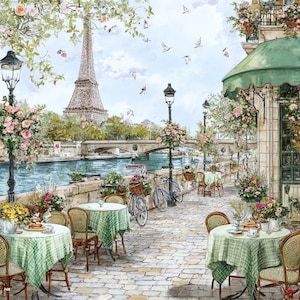 May include: Watercolor painting of a Parisian cafe scene with the Eiffel Tower in the background. Tables with green checkered tablecloths are set for dining. Bicycles and flower baskets add to the romantic atmosphere. Pink flowers and street lamps line the river.