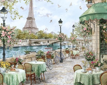 Paris Cafe Cross Stitch Pattern – Eiffel Tower & Riverside View – Romantic French Bistro Embroidery PDF Design