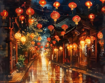 Chinesisches Neujahr Kreuzstich Stickmuster, Laternenstraße Stickmuster, Asiatische Nacht Stadtbild PDF, Traditionelle Laternen Stickmuster