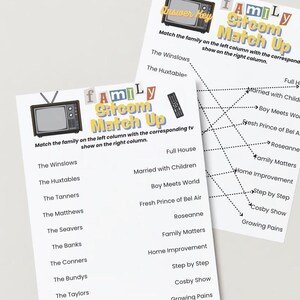 May include: A printable game sheet with a list of popular television families and their corresponding sitcoms. The game is titled "Family Sitcom Match Up".