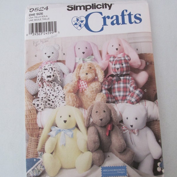 Simplicity Crafts - 9524 - sewing pattern - CUT/UNCUT - Two Pattern Piece Animals - Dog - Bunny - Bear - 2000 - Please Read all Details