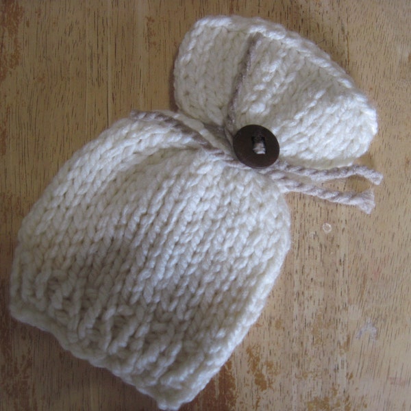 knit newborn hat - cream and beige - newborn - hand knit - button tie sack hat - newborn photo prop - baby boy girl - READY TO SHIP