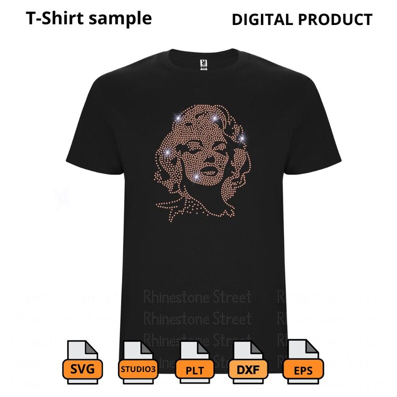 Op de afbeelding: Een zwart T-shirt met een strass-ontwerp van een vrouwen gezicht. Het ontwerp is in roze en witte tinten. Het T-shirt is een digitaal product dat beschikbaar is in de formaten SVG, STUDIO3, PLT, DXF en EPS.