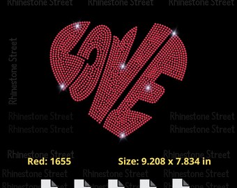 May include: A red rhinestone design of the word "LOVE" in a heart shape. The design is approximately 9.2 inches by 7.8 inches. The design is available in SVG, STUDIO3, PLT, DXF, and EPS formats.