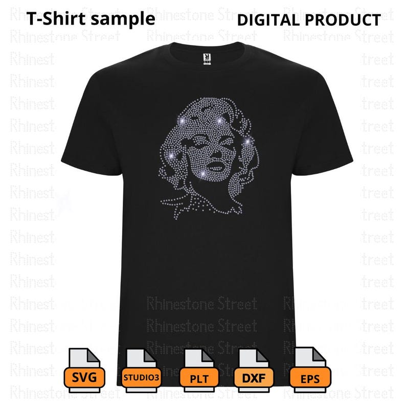 Op de afbeelding: Een zwart T-shirt met een strass-ontwerp van een vrouwen gezicht. Het ontwerp bevindt zich in het midden van het shirt. Het shirt is een digitaal product en is beschikbaar in de formaten SVG, STUDIO3, PLT, DXF en EPS.