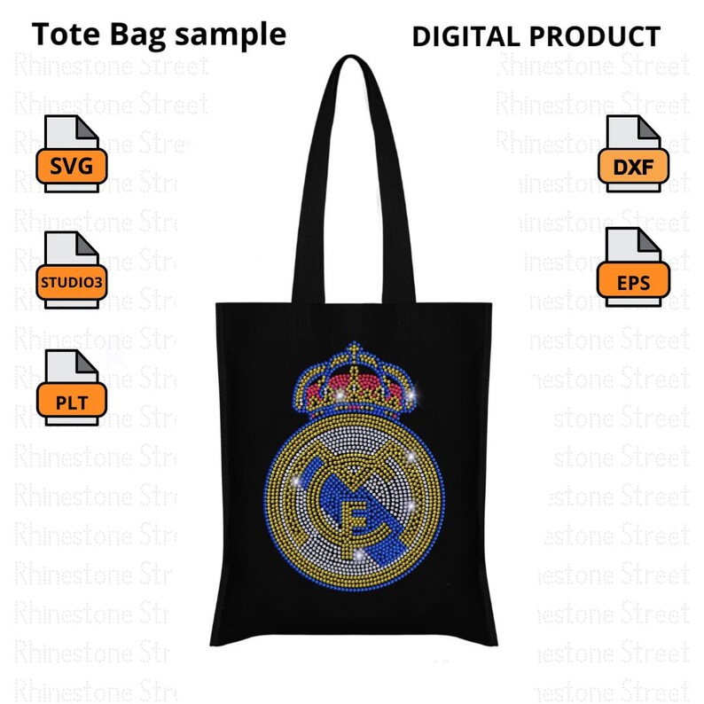 May include: A black tote bag featuring a rhinestone design of a football team logo. The logo includes a crown, a football, and the team's initials. The bag is a digital product available in SVG, DXF, STUDIO3, EPS, and PLT formats.