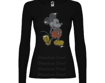 Micke i T shirt, Mouse Rhinestone tshirt, Rhinestone Shirt, Glitter Embellished t shirt, Long Sleeve shirt, Handmade Rhinestone t Shirt