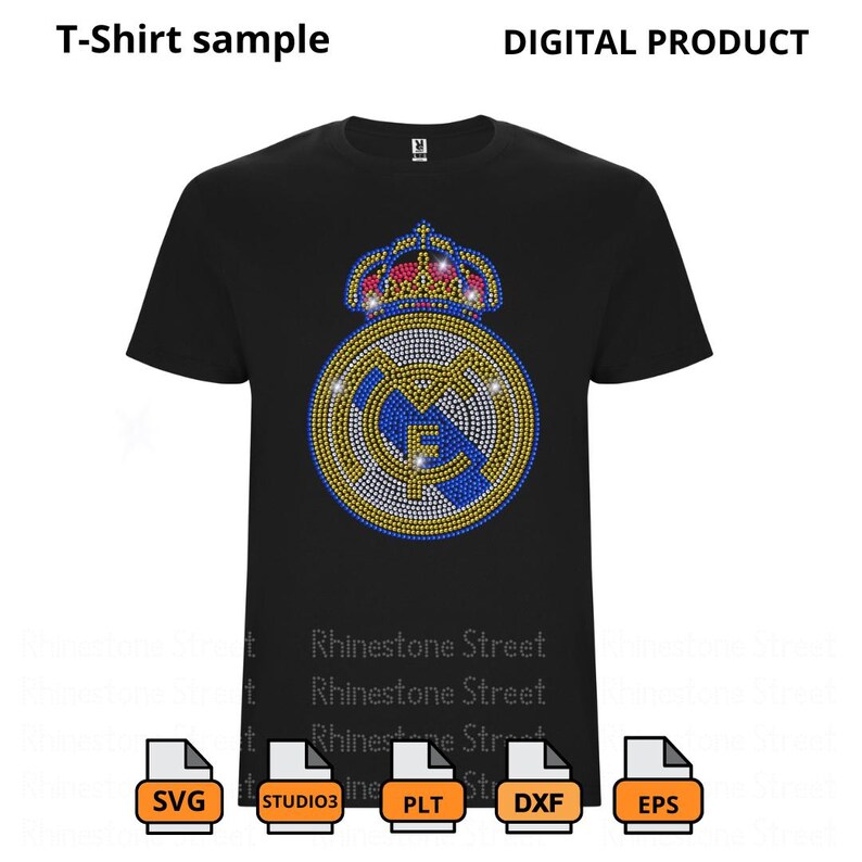 May include: A black t-shirt featuring a rhinestone design of the Real Madrid football team logo. The logo depicts a white and blue crest with a gold crown on top. The design is surrounded by rhinestones in various colours, including gold, silver, blue, and red.