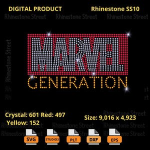 May include: Rhinestone design of the word "MARVEL" in white with a red outline, and the word "GENERATION" in yellow. The design is 9,016 x 4,923 pixels and includes 601 crystal, 497 red, and 152 yellow rhinestones.