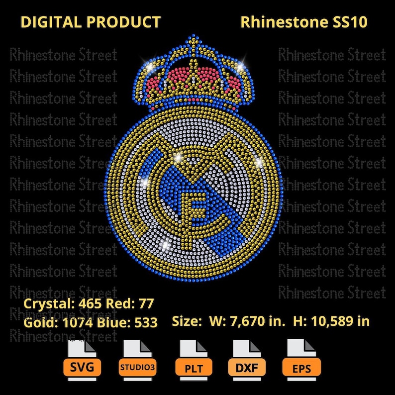 May include: A rhinestone design of a football team logo with a crown on top. The logo is blue, white, and gold. The design is 7.67 inches wide and 10.589 inches tall. The design is made up of 465 clear rhinestones, 77 red rhinestones, 1074 gold rhinestones, and 533 blue rhinestones.