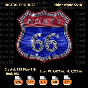 Może przedstawiać: Wzór z niebieskich i czerwonych kryształków imitujących diamenty przedstawiający znak Route 66. Znak ma kształt tarczy z numerem 66 w środku. Znak ma 19,5 cm szerokości i 18,4 cm wysokości. Wzór wykonano z 835 niebieskich kryształków imitujących diamenty, 819 czerwonych kryształków imitujących diamenty i 492 przezroczystych kryształków imitujących diamenty.