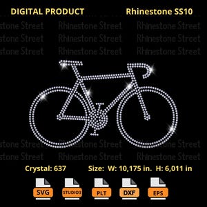 May include: A digital design of a bicycle made of rhinestones. The design is 10.175 inches wide and 6.011 inches tall. The design is available in SVG, STUDIO3, PLT, DXF, and EPS formats.