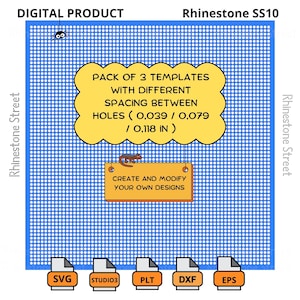 May include: Digital product for creating rhinestone designs.  The image shows a blue background with a white dot pattern.  The text reads "Pack of 3 templates with different spacing between holes (0.039 / 0.079 / 0.118 in)".  The image also shows five file formats: SVG, STUDIO3, PLT, DXF, and EPS.